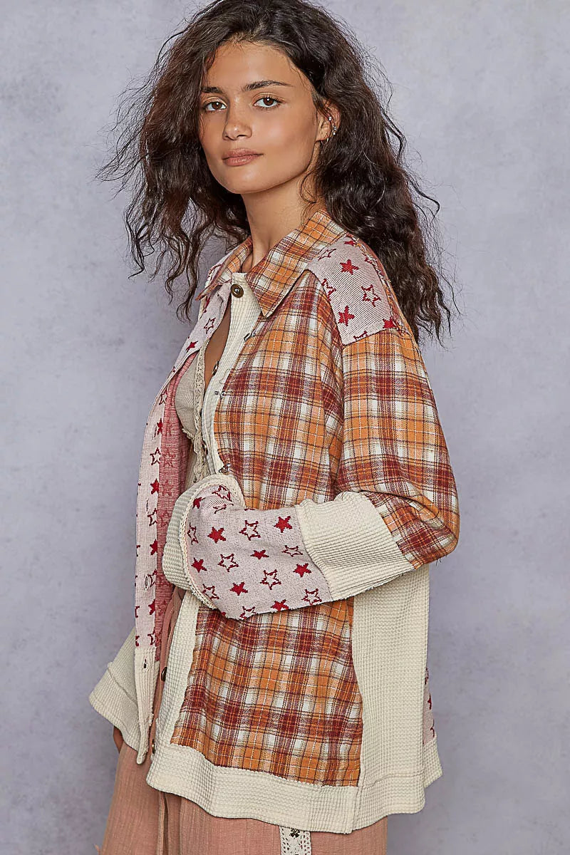 POL Womens Shacket Cream Contrast Plaid Star Buttoned Jacket 4253dbd6-8dd9-4901-a9f1-3431a2c7901e-Max-Origin Trendsi