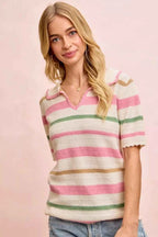BiBi Multi Colors Stripes Collared Knit Top