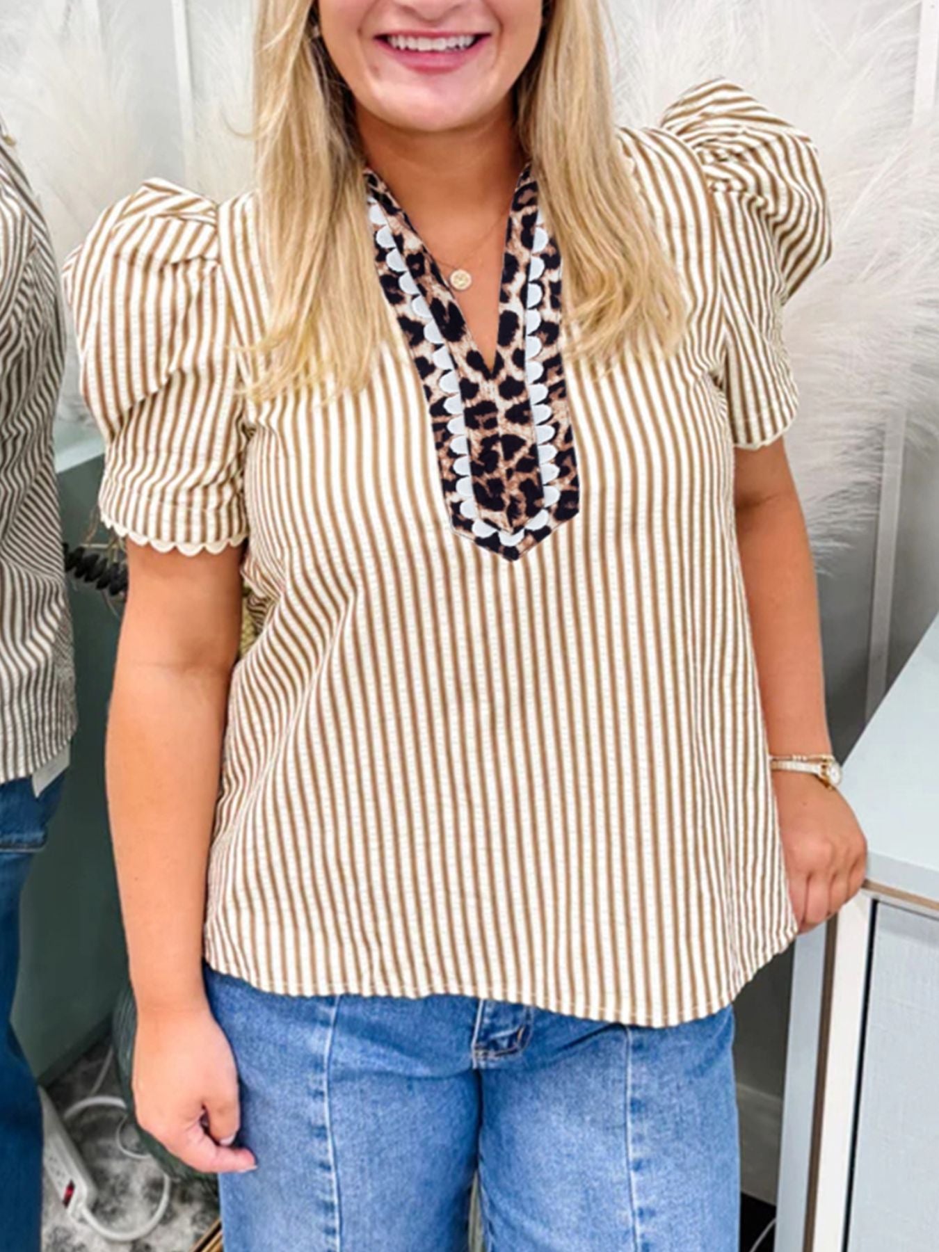 Stripe Ric Rac Trim Short Puff Sleeve Leopard Patchwork Collar V-Neck Blouse