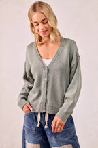 BiBi Womens Cardigan Cotton Washed Sweater Olive V Neck Basic Style 426021f0ffa4435594606f43267496a2-Max-Origin Trendsi