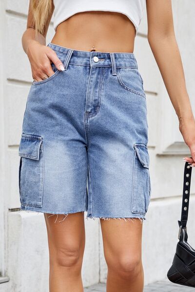 Cargo Shorts Denim Women's Raw Hem Medium Washed Pocketed Bermuda 427adf17-99f5-4267-8148-f05bbac89bb8-Min Trendsi