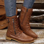 Women's Boots Pu Leather Lace Up Zip Round Toe Block Mid Heels Shoes 427eba4ea90c438eaa82b54f0216e2ee-Max-Origin Trendsi