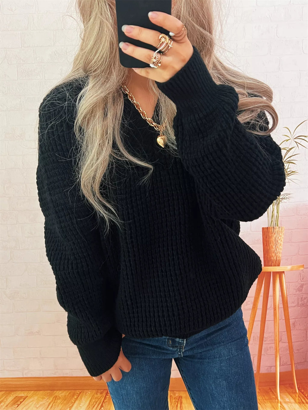 Women's Sweater V-Neck Textured Knit Loose Pullover Black One Size 42804a1e19f04ee5936e057fc1ed49ff-Max-Origin Trendsi