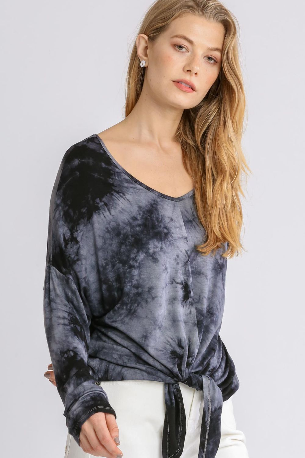 Umgee T-shirt Tie Dye Dark Gray Round Neck Lightweight Long Sleeve Blouse Dark Gray 4281314a-77e2-4644-83fe-764a82defd78-Max Trendsi