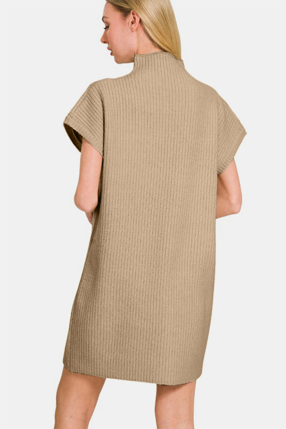 Zenana Sweater Mini Dress Knit Short Sleeve Camel High Neck Patch Pocket 42893a5f-9318-479f-b30b-5c35771dc54e-Max Trendsi