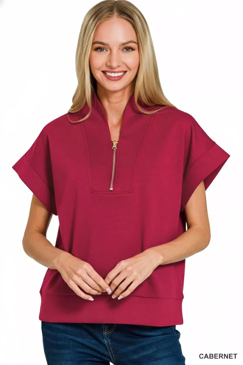 Zenana Womens Scuba Top Red High Neck Half Zip Short Sleeve 428b2c82-bd9c-4800-b8ad-555b222f903f-Max-Origin Trendsi