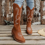 Women's Boots Matte Pu Leather Western Embroidered Round Toe Block Mid Heels Dark Brown 429372efafba4e1e926245947d432954-Max-Origin Trendsi