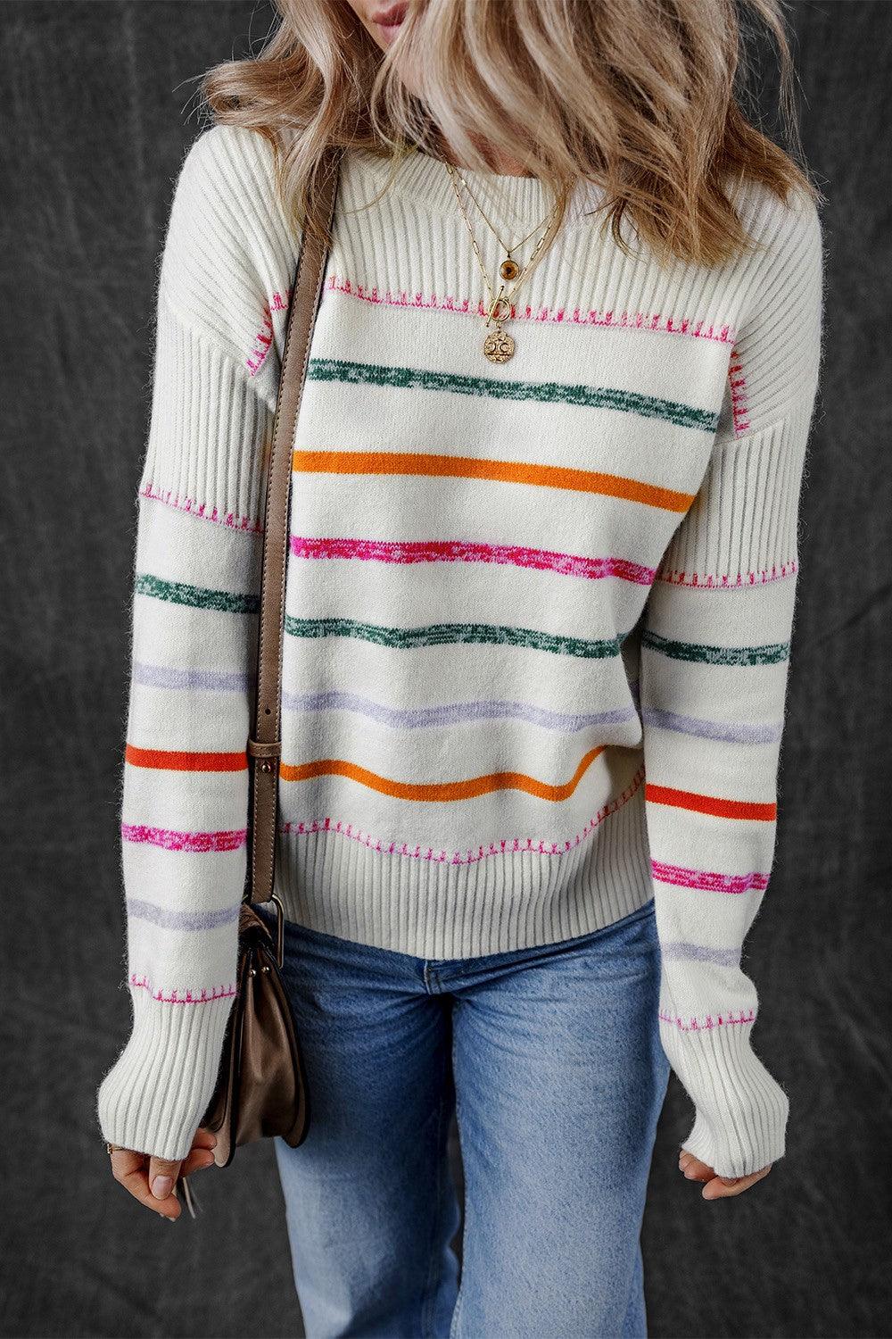 Striped Sweater Colorful Round Neck Dropped Shoulder White 42a22080-a6ad-427f-a3b9-ca3b145fc16b-Max Trendsi