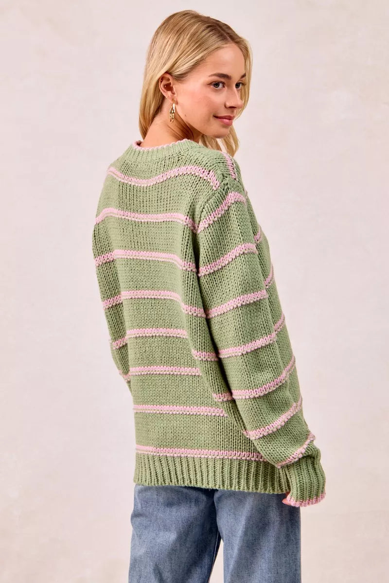 BiBi Womens Sweater Striped Sage Green Long Sleeve Oversized Pullover 42ac84b73ee84d5a822d984c9f7e5ad2-Max-Origin Trendsi