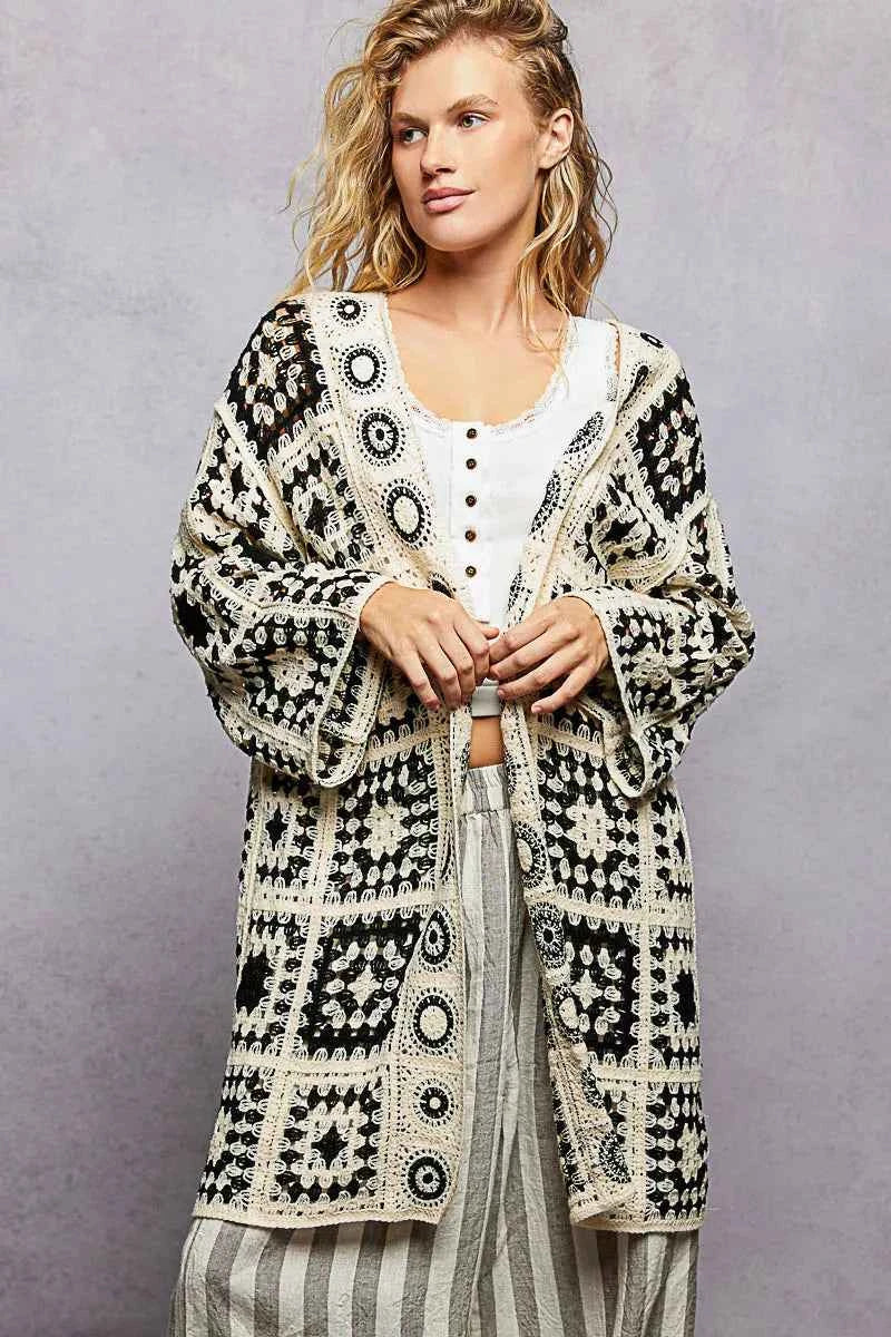 POL Crochet Cardigan Black Multi Longline Open Front with Granny Square Pattern BLACK MULTI One Size 42ad4e15-8bfa-45f9-a18a-1b6b48835370-Max-Origin Trendsi