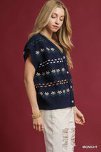 Umgee Womens Knit Vest with Floral Pattern Midnight Blue Buttoned Sweater 42af973b-e653-4806-8d20-3ae52f47760c-Max-Origin Trendsi