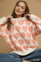 Umgee Womens Sweater Heart Cream Pink Mix Pearl Pattern Accent 42b3d1b3-f6ef-45ca-aafd-0e3567724f35-Max-Origin Trendsi