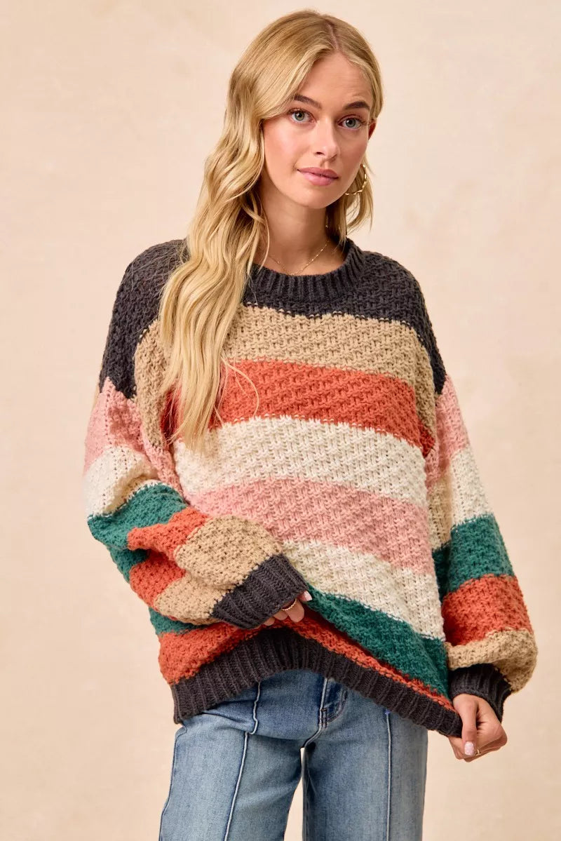 BiBi Womens Sweater Stripes Color Block Chunky Knit Oversized 42c3afd5dc0047ec99eaac0c540fb213-Max-Origin Trendsi
