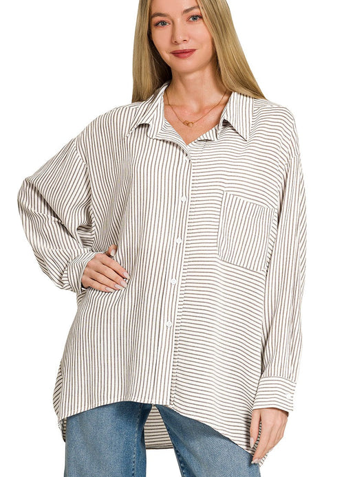 Woven Stripe Button Down Shirt Women’s Casual Button-Front Blouse S-L