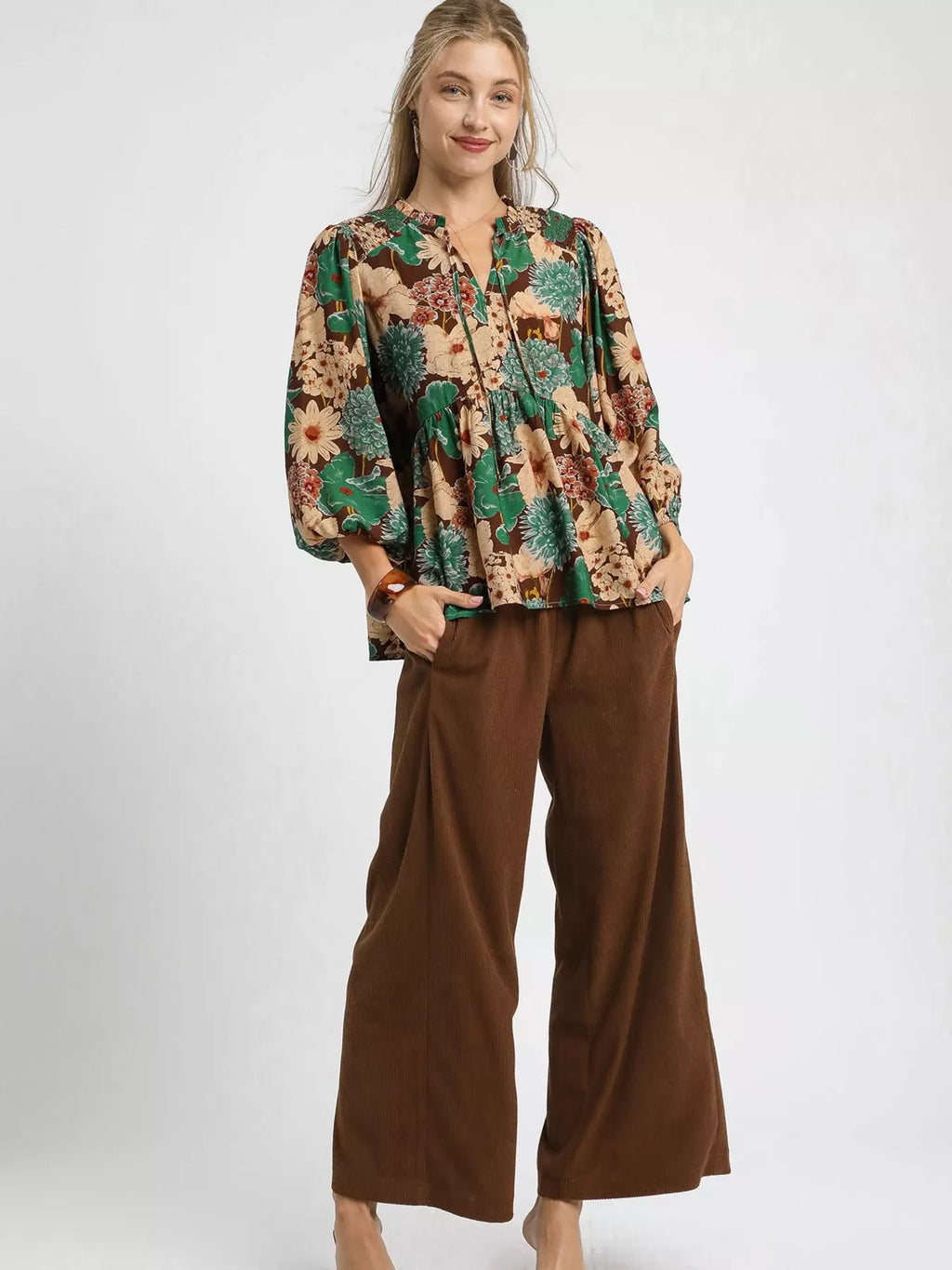 Umgee Women's Blouse Brown Floral Mix Peplum Ruffled with Tie Neck Top 42c8341eff774c8e858e813c07071b9c-Max-Origin Trendsi