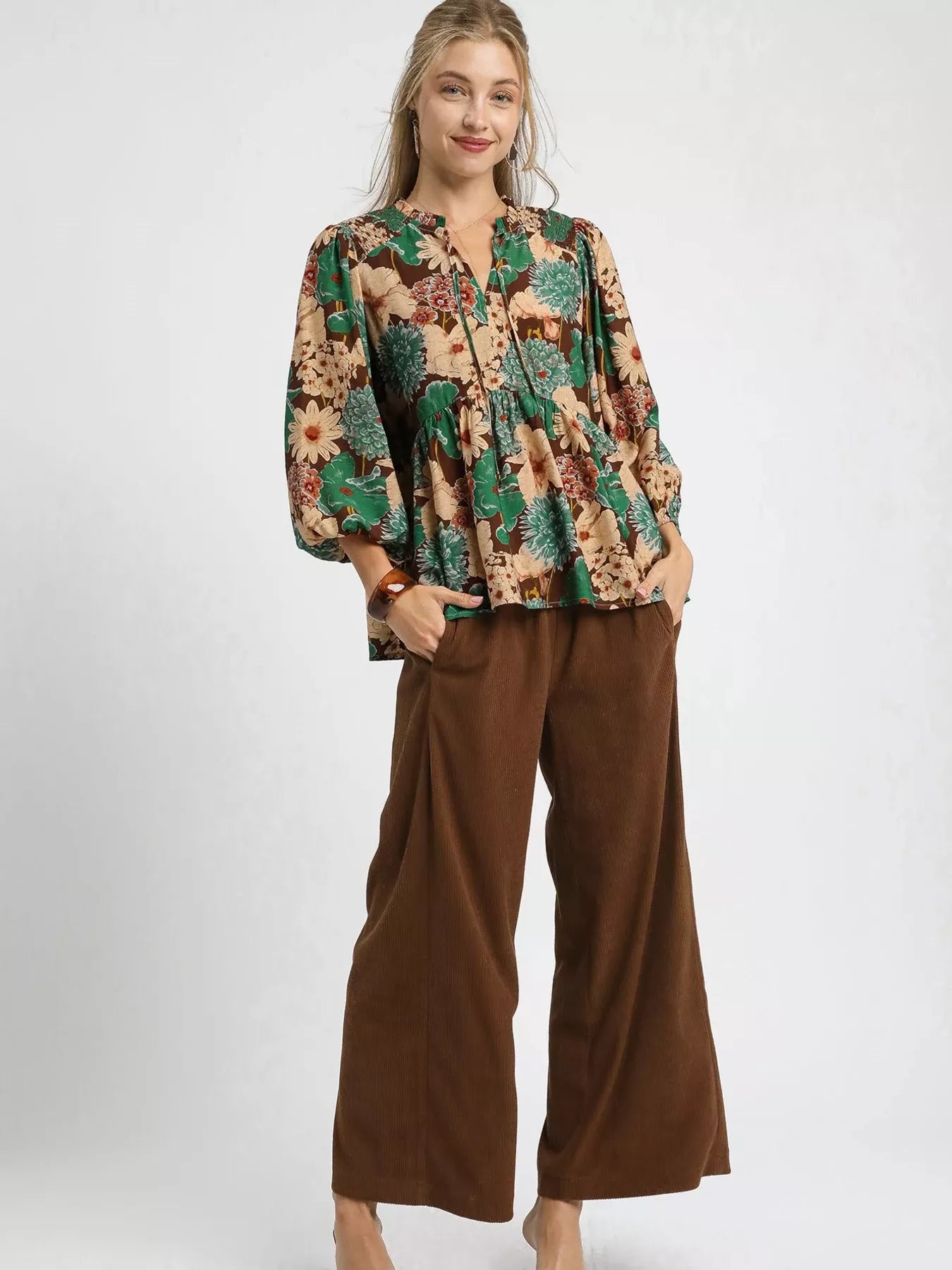 Umgee Women's Blouse Brown Floral Mix Peplum Ruffled with Tie Neck Top