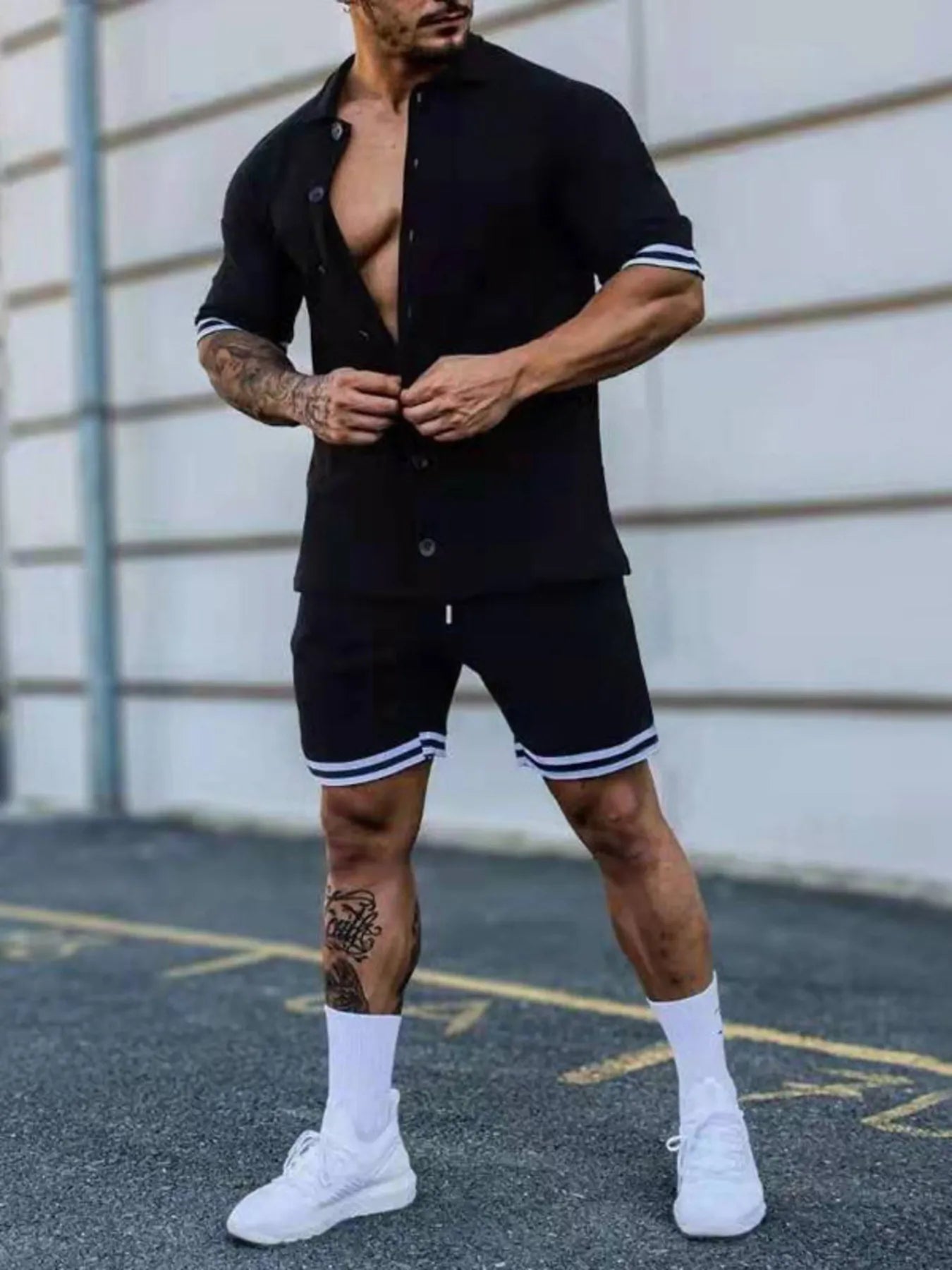 Men's Outfit Set Casual Striped Hem Button Up Short Sleeve Top and Shorts Black 42cea989dc7944488f3caf5ce8788421-Max-Origin Trendsi