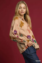 Umgee Womens Blouse Cotton Floral Tan Mix Print Flounce Long Sleeve Top 42ec5153-8a76-4009-afef-7c700bbdc4dc-Max-Origin Trendsi