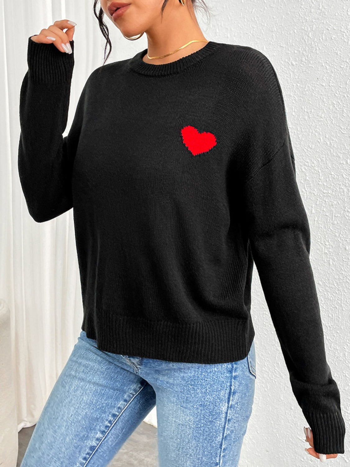 Women Black Sweater Heart Round Neck Long Sleeve Casual Basic Pullover