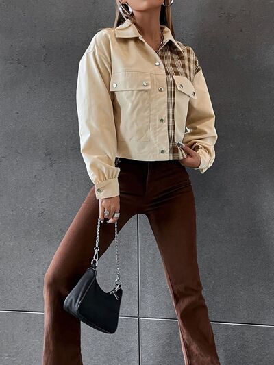 Plaid Wome's Jacket Cropped Color Block Beige Snap Down Flap Pockets Long Sleeve 42f110cf-fa79-4143-b933-b48408f8712d-Min Trendsi