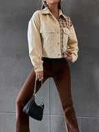 Plaid Wome's Jacket Cropped Color Block Beige Snap Down Flap Pockets Long Sleeve 42f110cf-fa79-4143-b933-b48408f8712d-Min Trendsi