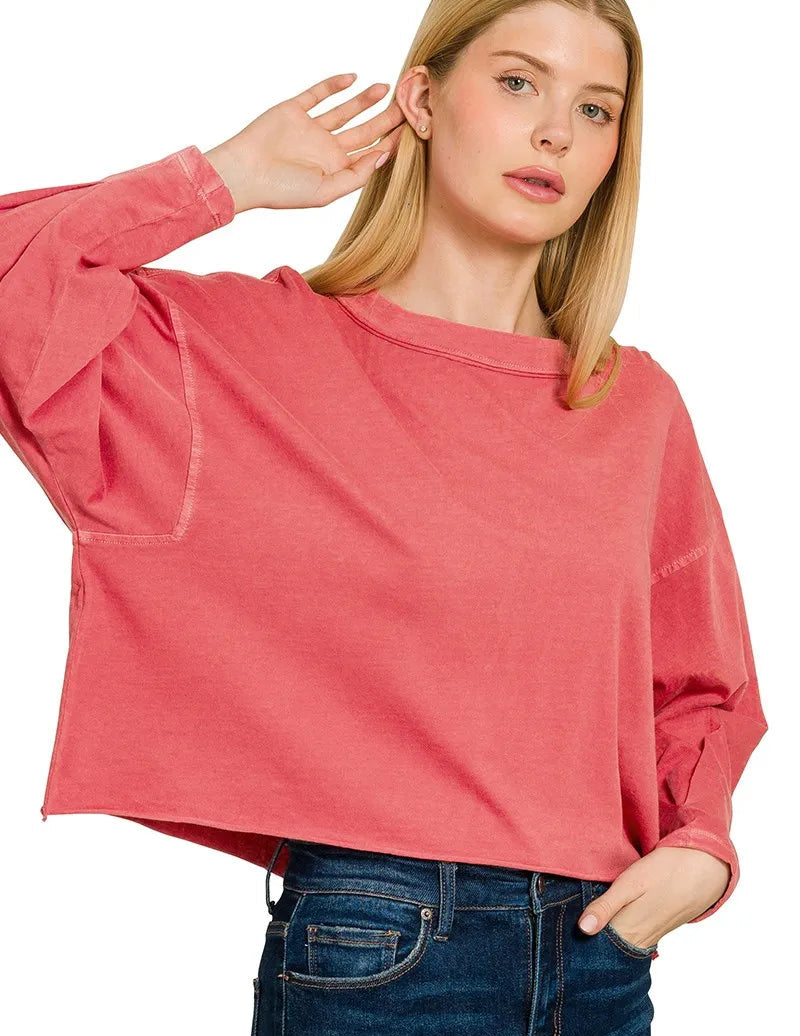 Zenana Women's T-Shirt Pigment Dye Enzyme Washing Oversized Round-Neck Top RUBY 42f2a964c91544f2be9839ed0828b102-Max-Origin Trendsi