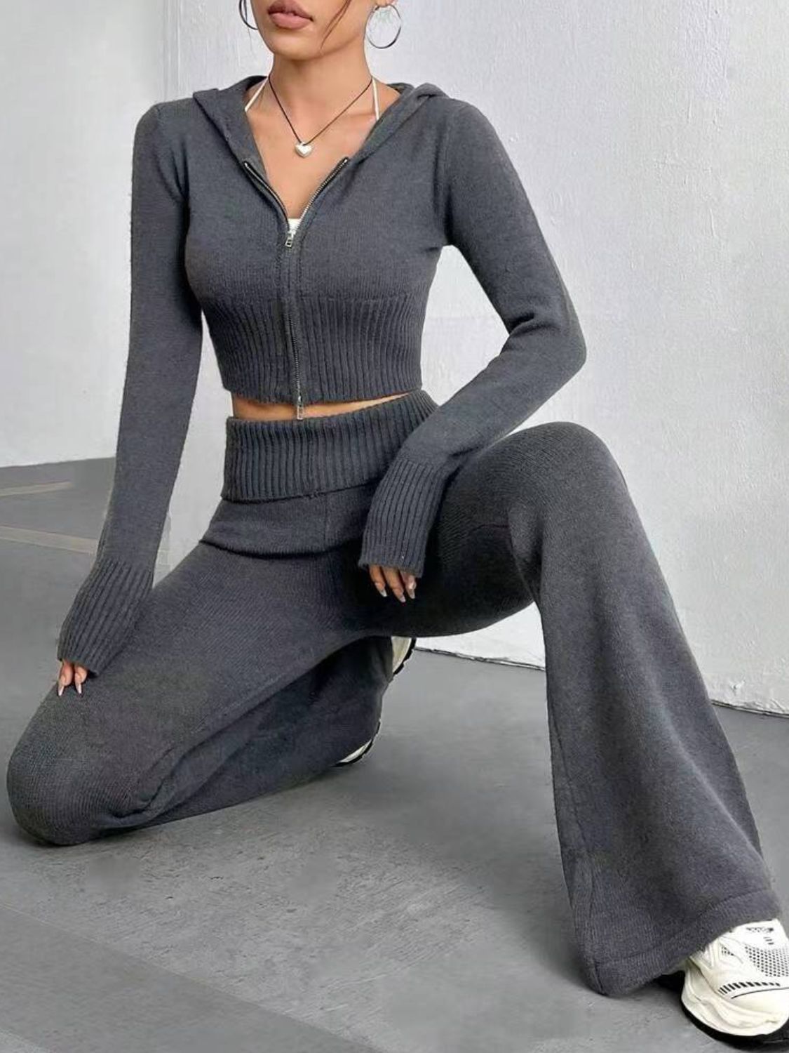 Sweater Set Zip Up Hooded Crop Top and Flare Pants Gray Knit Women 2 Pcs