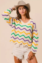 BiBi Womens Sweater Mardi Gras Wavy Stripes V-Neck Open Knit Pullover 42f84b2dd4584209b83039e41531c2ee-Max-Origin Trendsi