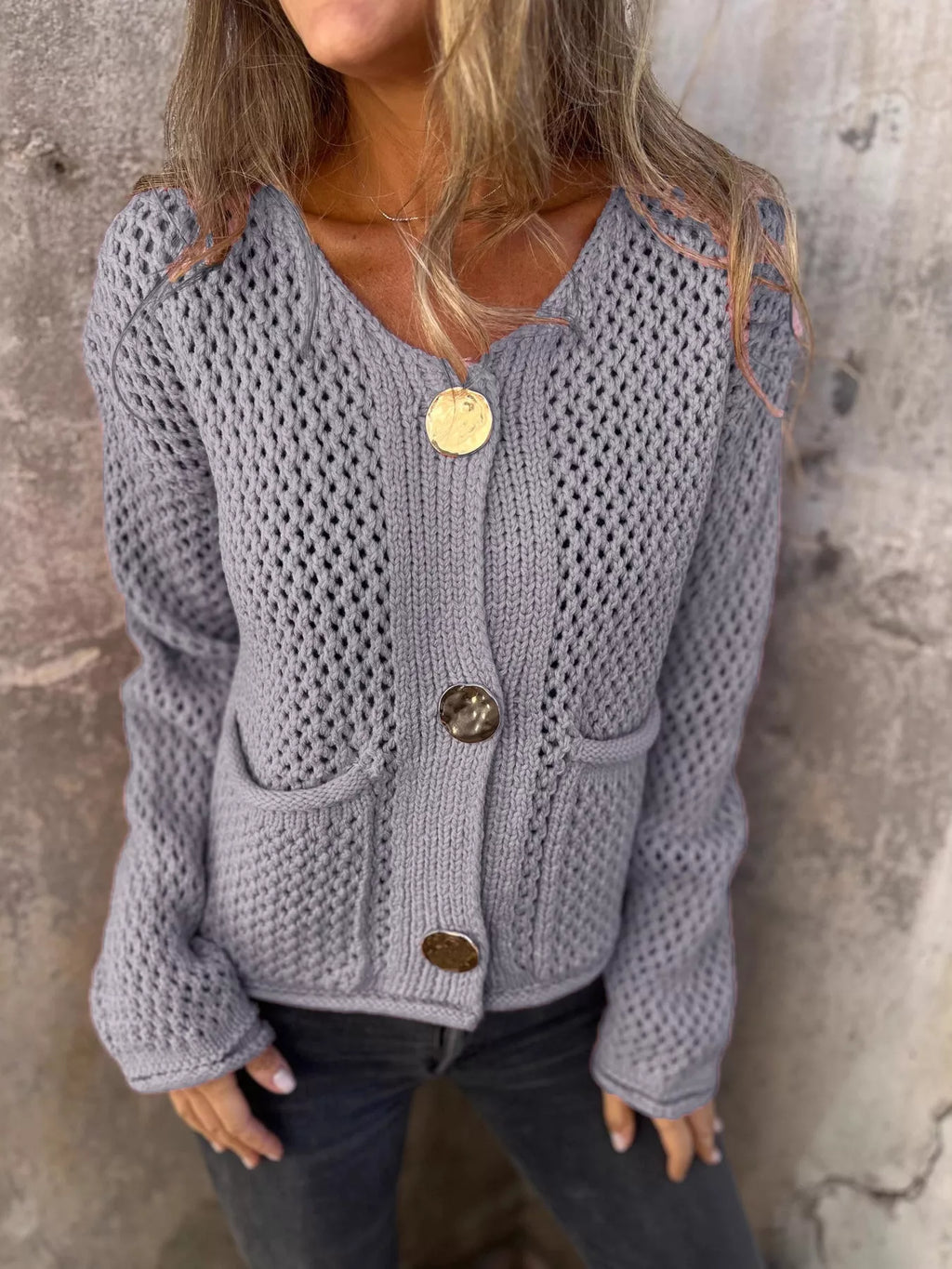 Women's Cardigan Crochet Knit Button Up Long Sleeve Gray 430961bc23104909a2a44aec14f9a7b1-Max-Origin Trendsi