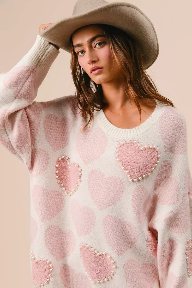 BiBi Womens Sweater Light Pink Heart Pattern with Pearl Detail 430bf26e5e73410fa09a3f5b9898a9e4-Max-Origin Trendsi