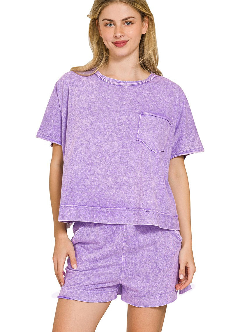 Zenana Casual Outfit Set Cotton Violet Halo Snow Washed Boxy Short Sleeve Top & Shorts