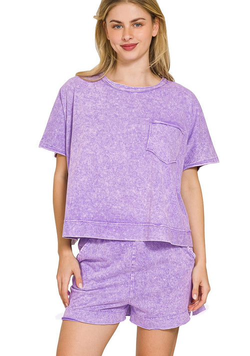 Zenana Casual Outfit Set Cotton Violet Halo Snow Washed Boxy Short Sleeve Top & Shorts