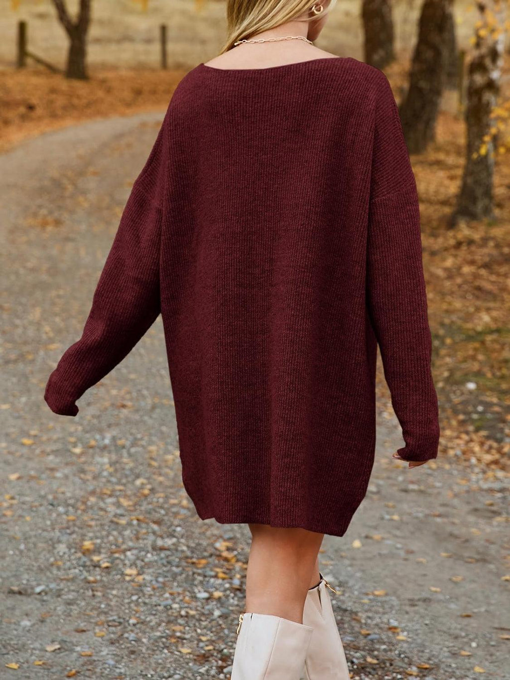 V-Neck Sweater Knit Dress Oversized Dropped Shoulder Sweater Dress 430d0acd-2471-4d02-b677-131585256930-Max Trendsi