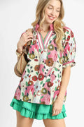 Umgee Blouse Women's Floral Print Puff Short Sleeve Oversized Top Blush Pink 430dc998-bac4-45ac-a121-9e5c1bcec716-Max-Origin Trendsi
