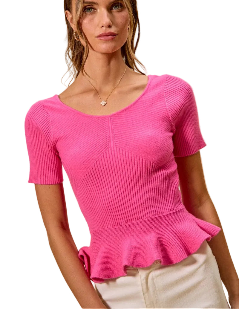 SO ME Ribbed Knit Short Sleeves Peplum Sweater Top