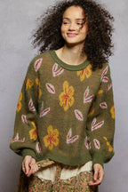 POL Womens Sweater Olive Floral Pattern Round Neck Balloon Sleeve 43152915-d097-4fd0-93bf-ba2cf3dd4e8a-Max-Origin Trendsi