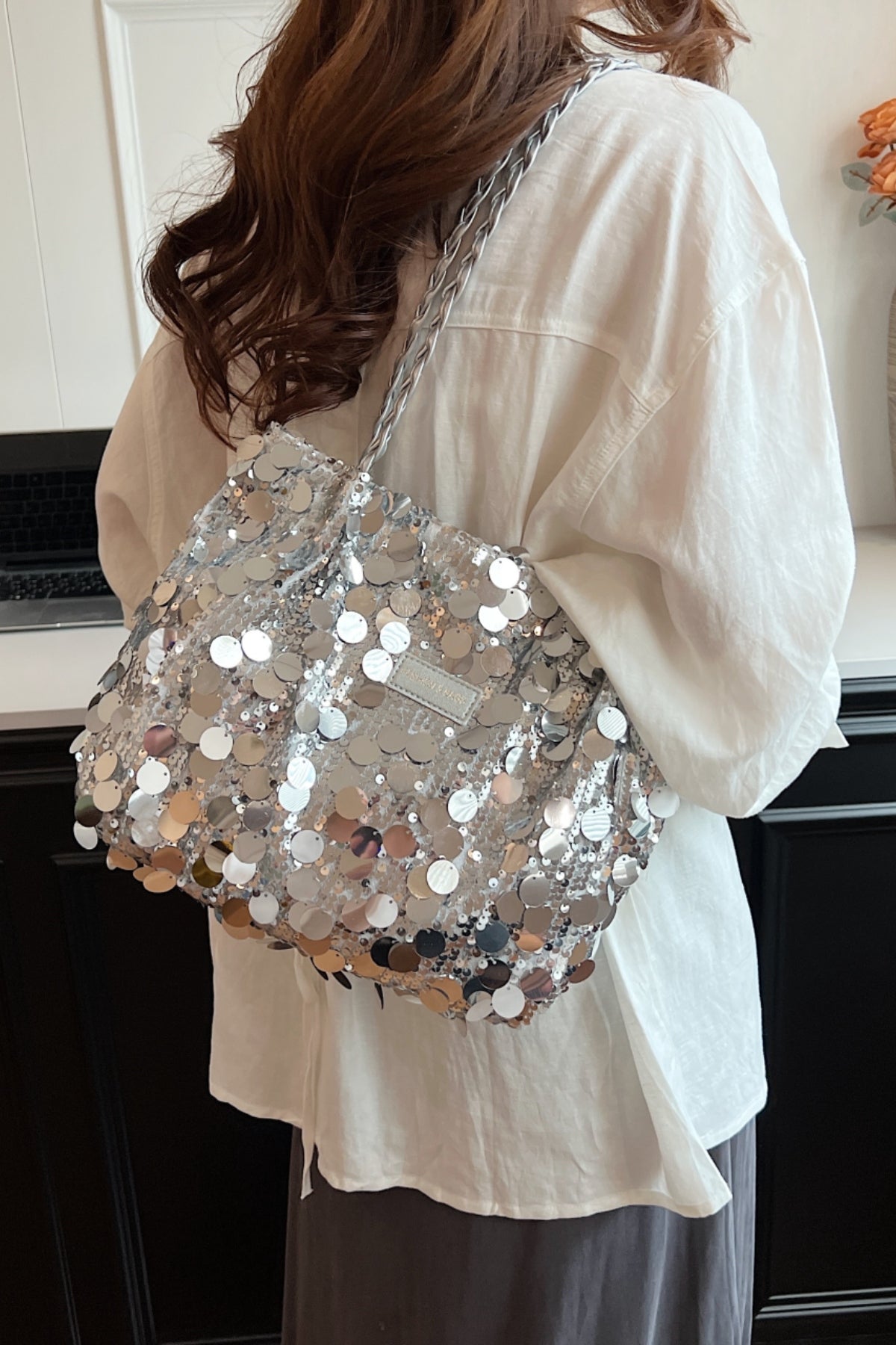 Women Shoulder Bag Big Silver Sequins Braided Strap Zipper Medium Handbags