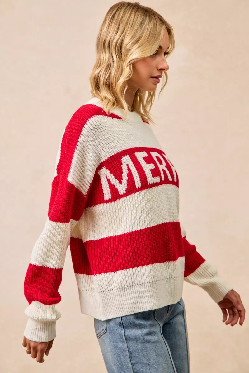 BiBi Christmas Women's Sweater Ivory Red Stripe Merry Lettering Oversized 432385c6eaaa4a0c937b45ee5204f473-Max-Origin Trendsi