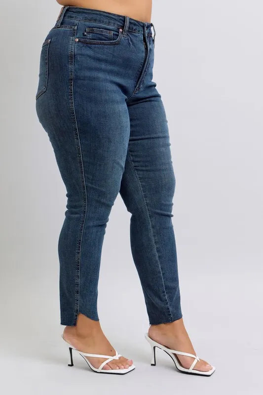 Judy Blue Skinny Jeans High Waist Raw Hem Side Slit Dark Wash 432584af-8dc9-4521-8fc6-5bec9e09a2e5-Max-Origin Trendsi