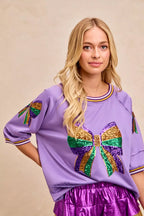 BiBi Womens Blouse Lavender Sequin Patched Ribbon Mardi Gras Theme Top 4332ba0038ec445299e4a412d75019f9-Max-Origin Trendsi