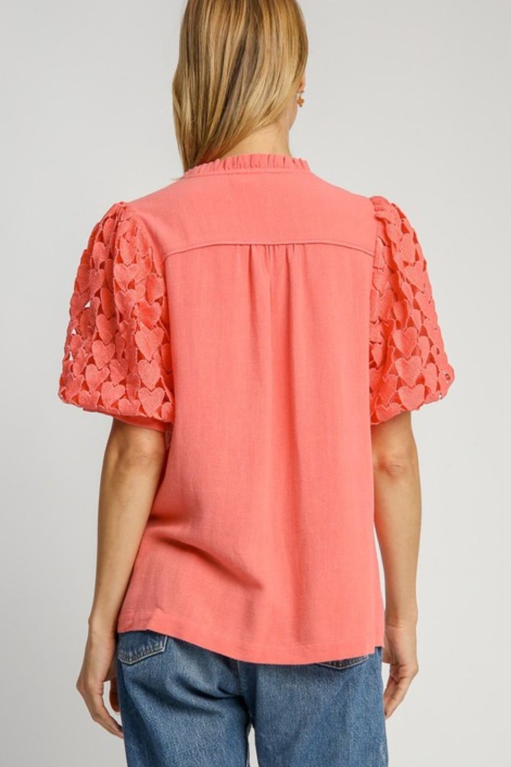 Umgee Blouse Heart Lace Sleeve Linen Blend Burnt Coral Ruffle Collar Top 4338a228-24f6-48e7-beb3-b3c4f1f24828-Max Trendsi