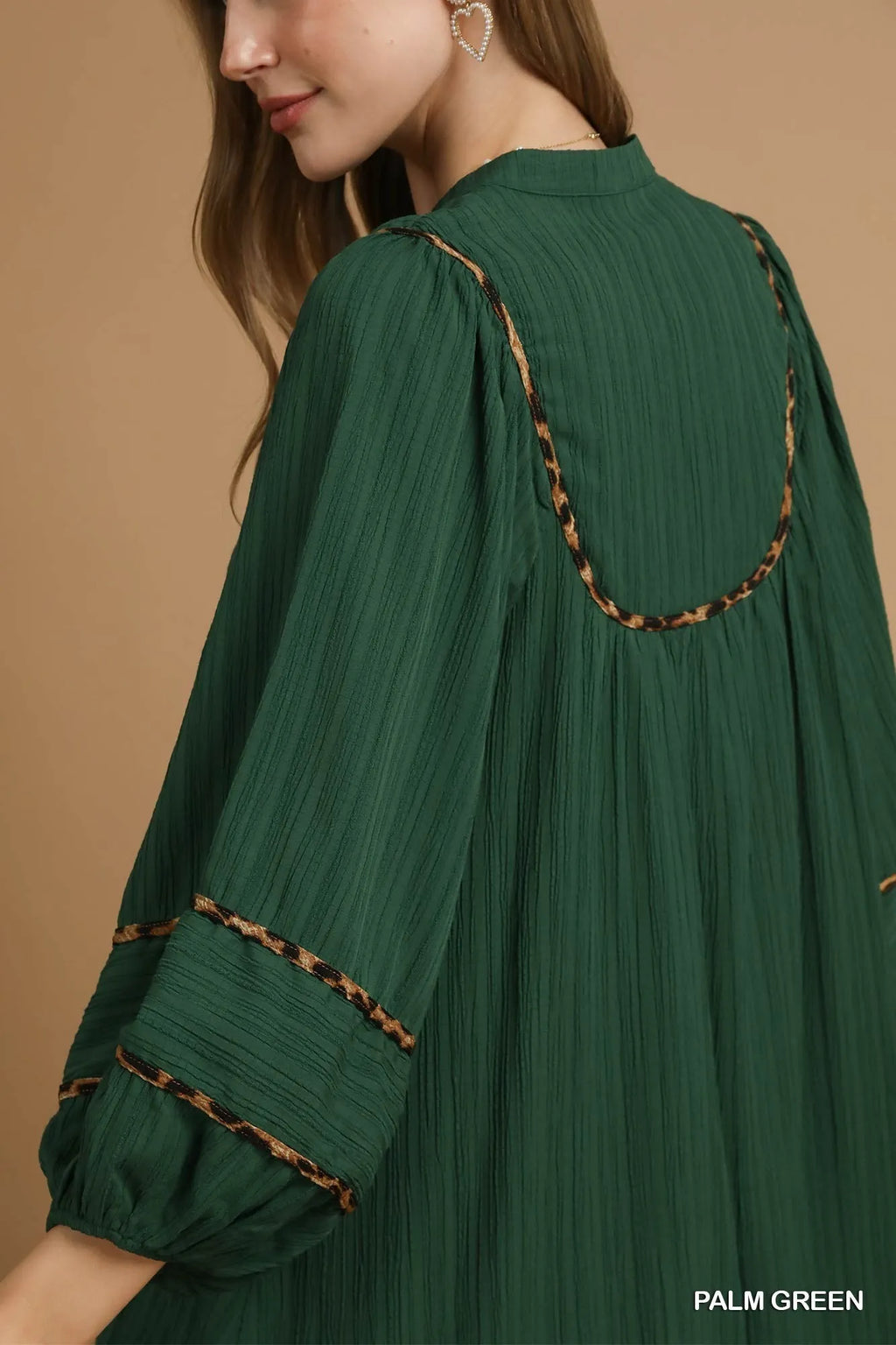 Umgee Babydoll Dress Green Textured Contrast with Leopard Trim Long Sleeve 434fccd5-e7ee-449c-a96e-8b855495227c-Max-Origin Trendsi
