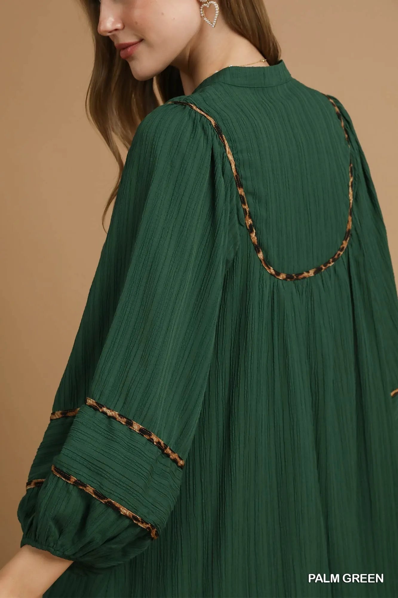Umgee Babydoll Dress Green Textured Contrast with Leopard Trim Long Sleeve 434fccd5-e7ee-449c-a96e-8b855495227c-Max-Origin Trendsi