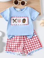 Children's Baseball Embroidered Top and Plaid Shorts Two-Piece Set