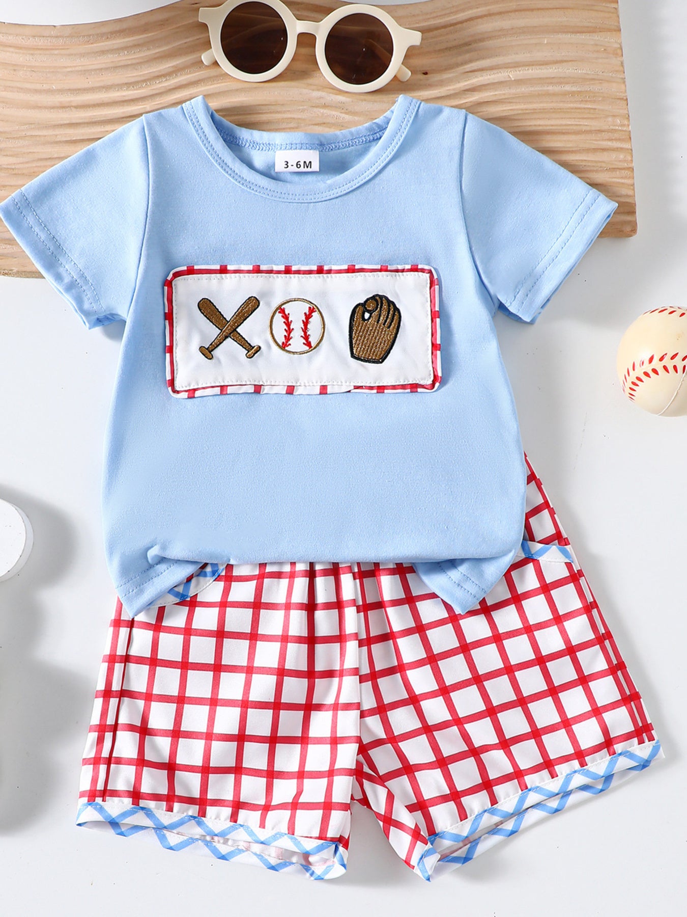 Children's Baseball Embroidered Top and Plaid Shorts Two-Piece Set