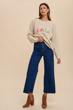 Women's Sweater Annie Wear HELLO Embroidered Raglan Sleeve Ribbed Oatmeal 4354dade-e1d2-4a45-bed3-27f97f27dad8-Max Trendsi