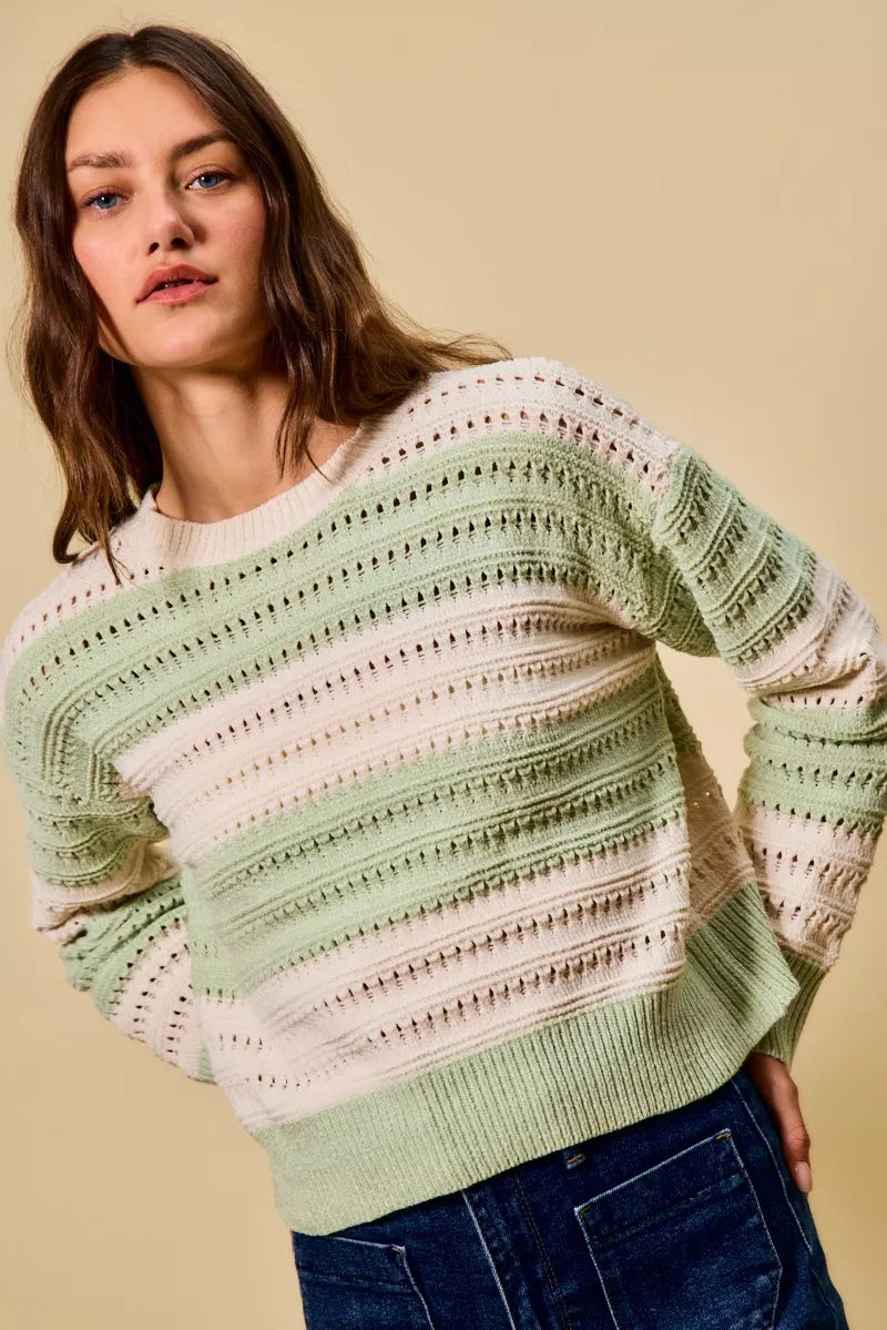SO ME Women Sweater Openwork Round Neck Wide Stripe Textured Top 4355a577-12f6-4c05-84f8-919c6a89441c-Max-Origin Trendsi