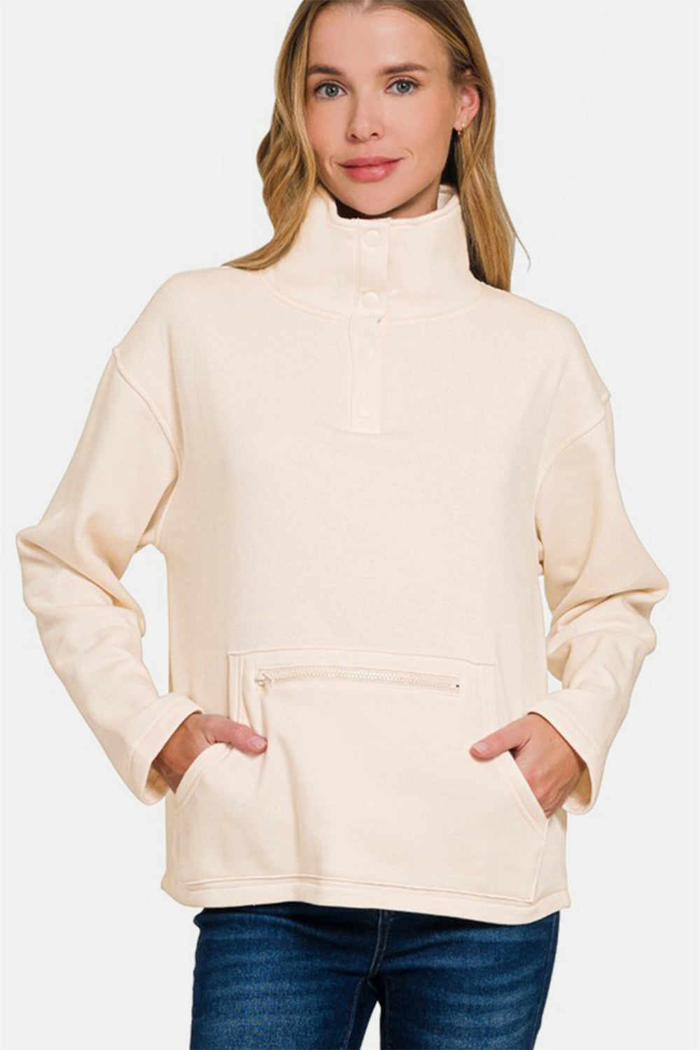 Zenana Sweatshirt Cream Turtleneck Half Snap Fleece Women Long Sleeve