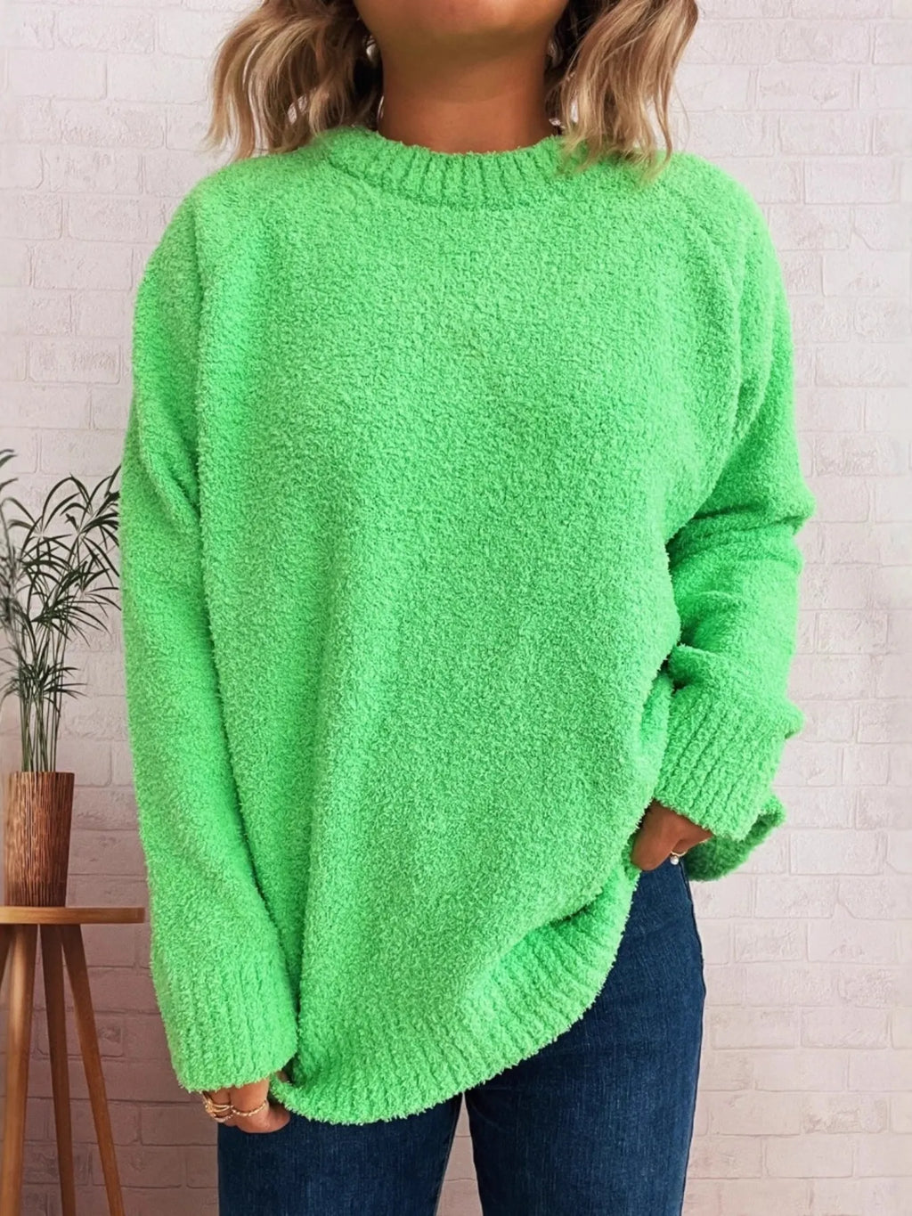Women's Sweater Round Neck Raglan Sleeve Knit Pullover Green One Size 435ef97b4af546838b45cc1fd11a79ed-Max-Origin Trendsi