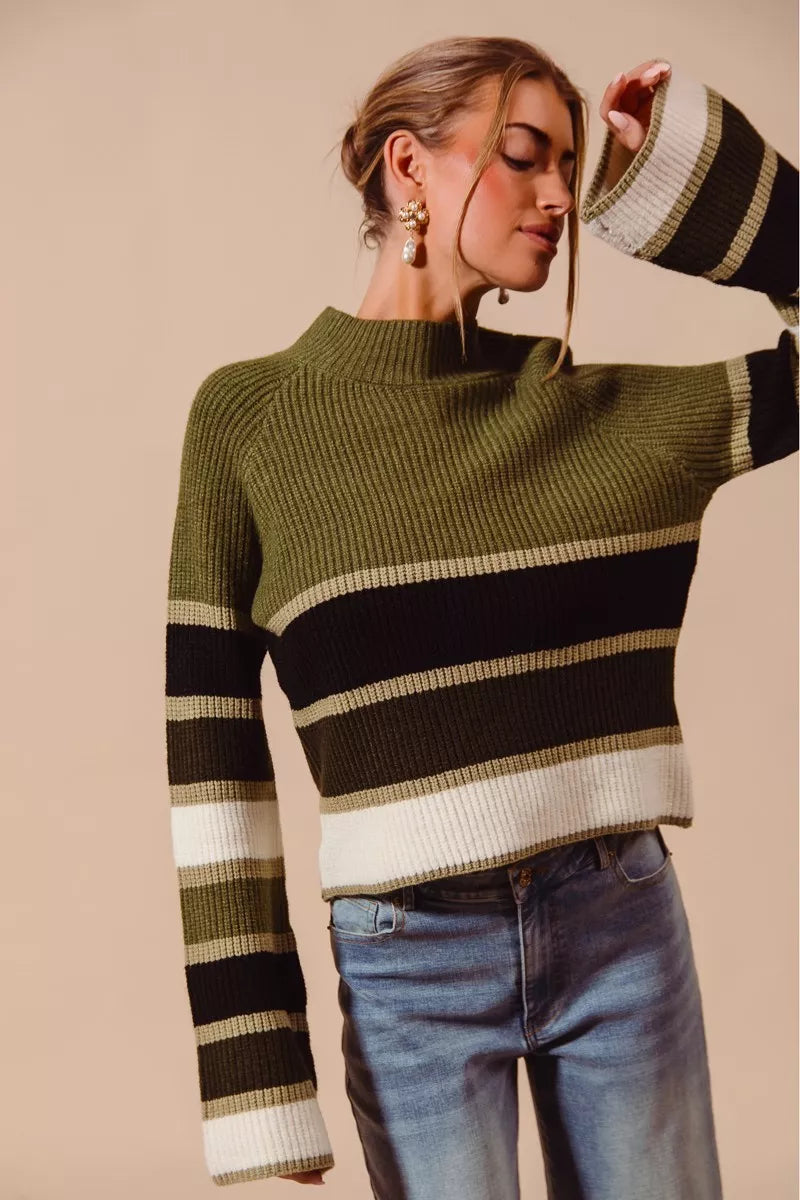 SO ME Women's Sweater Olive Striped Multi Color Mock Neck Pullover 43635ec8950f46efa16363ddf8059044-Max-Origin Trendsi